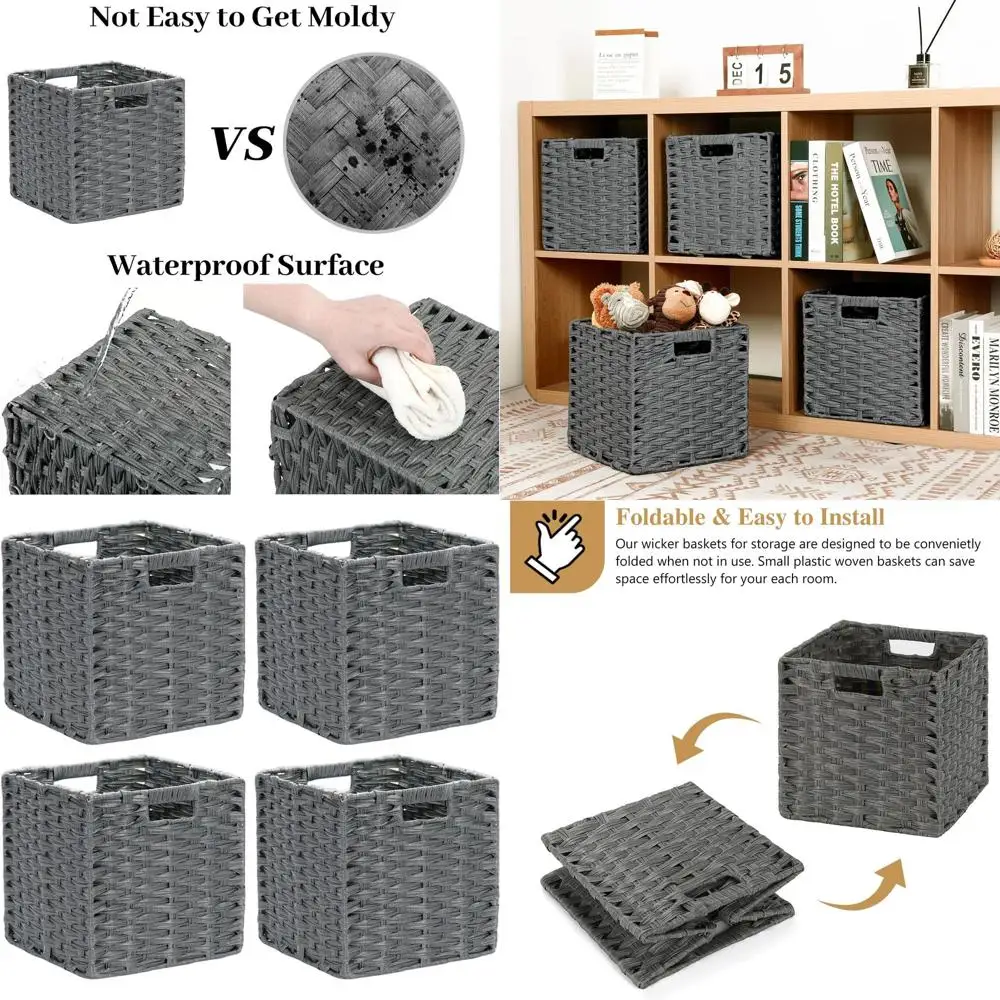

Набор из 4 складных плетеных корзин для хранения кубов, 11x11x11 дюймов, серые, для полок, шкафов, одежды и игрушек.