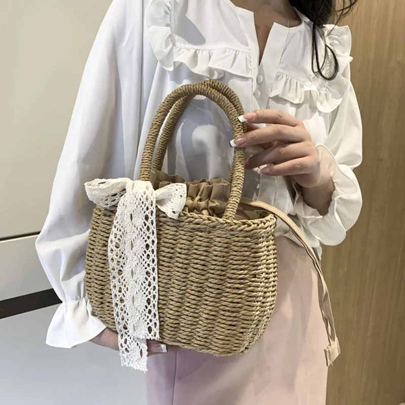 Women Straw Woven Drawstring Handbag Girls Solid Color Holiday Purse Crossbody Beach Bags Summer Rattan Tote view 4