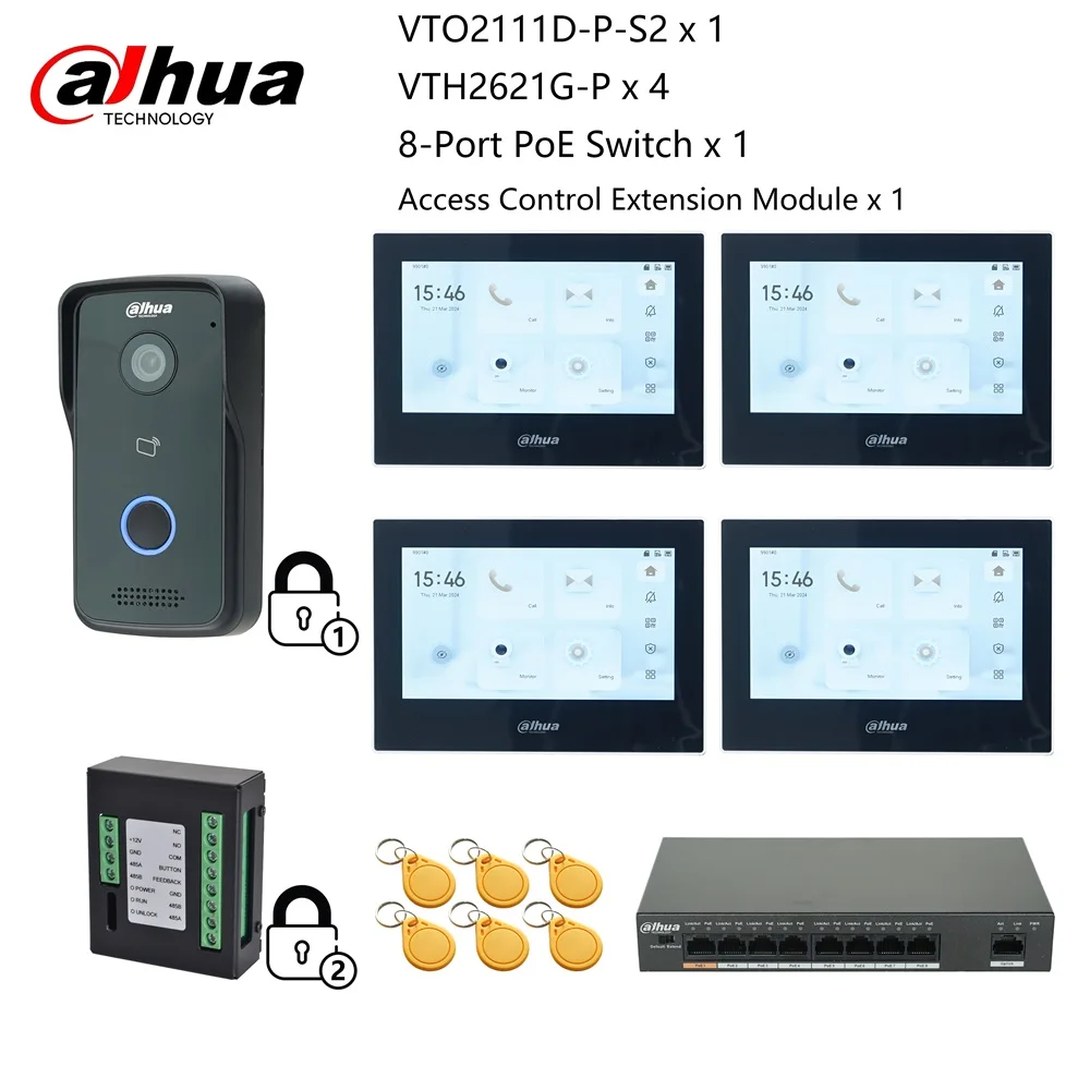 Dahua IP Video Intercom KIT controle 2 sloten, VTO2111D-P-S2 & VTH2621G-P & PoE schakelaar, ondersteuning SIP, Ondersteuning RFID-kaart ontgrendelen