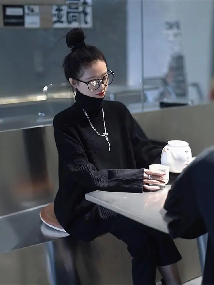 

Black High Collar Sweater Women's Spring New Loose Casual Overhead Mid-Length Top Inner Wear Knitted Shirt Commute Style