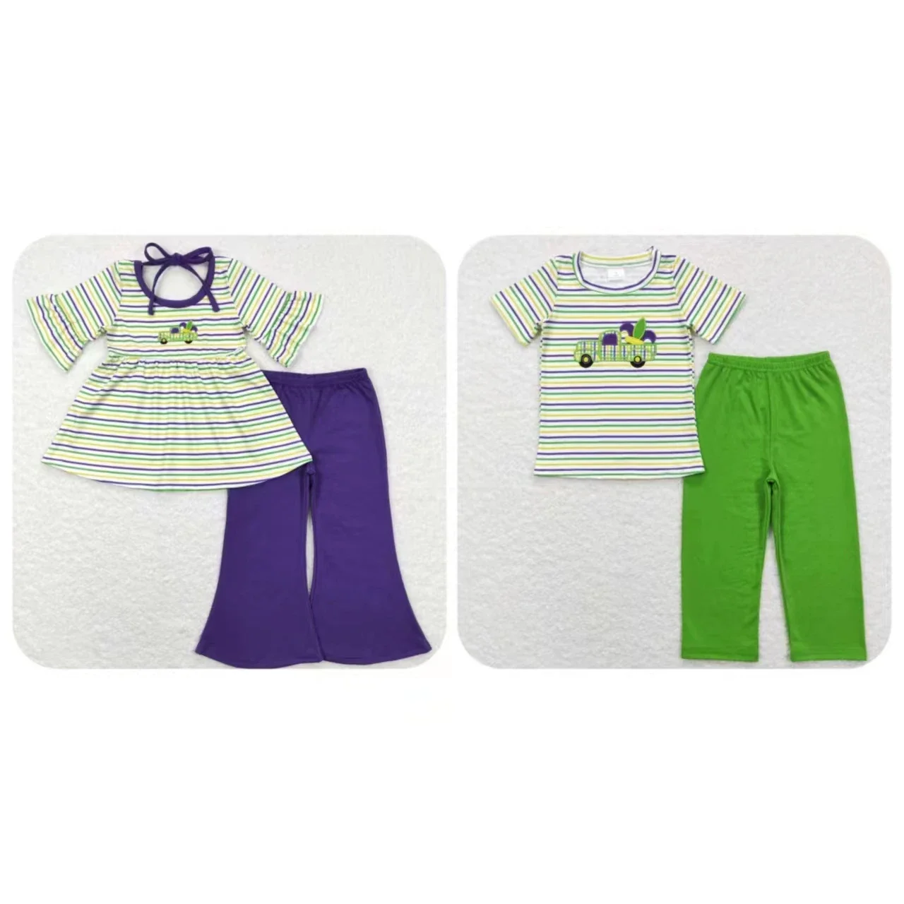 Wholesale Kids Mardi Gras Set Baby Boy Girl Short Sleeves Embroidery Trucks Stripes Tops Toddler Children Cotton Pants Outfit