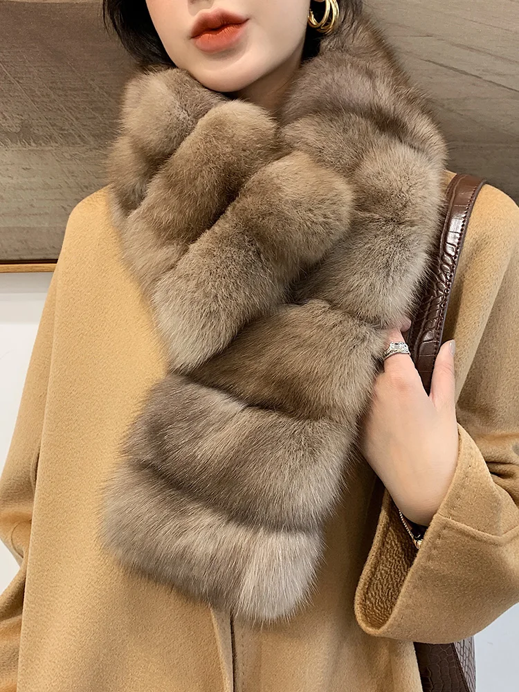 2022 women winter super luxury outfit decorate real sable fur long scarf genuine chinchilla fur scarf mufflers shawl ring