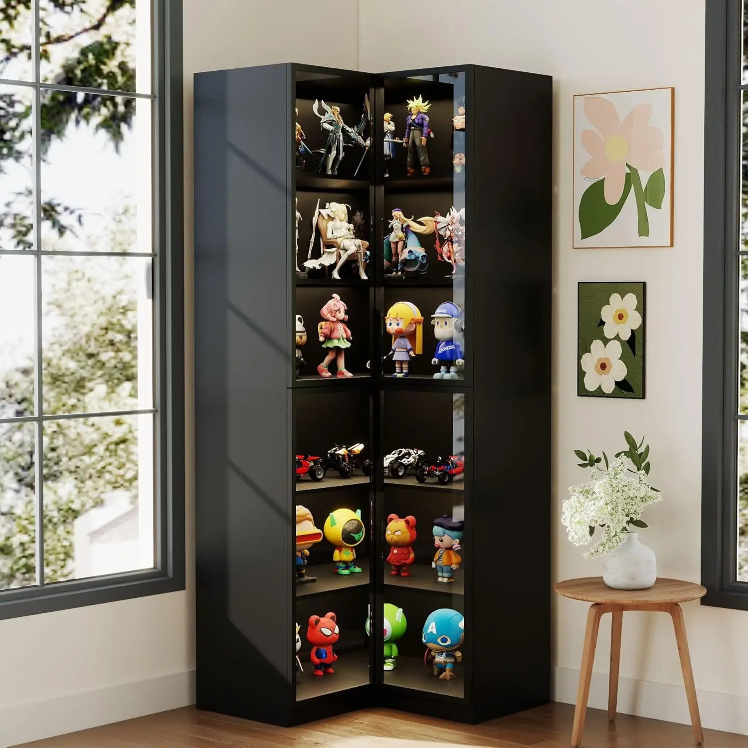 Corner Bookcase With Glass Doors: 79" Black L Shaped Booksh…