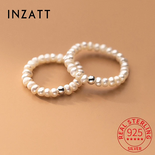

INZATT Real 925 Sterling Silver Bead Pearl Adjustable Ring For Women Cute Geometry Fine Jewelry Accessories