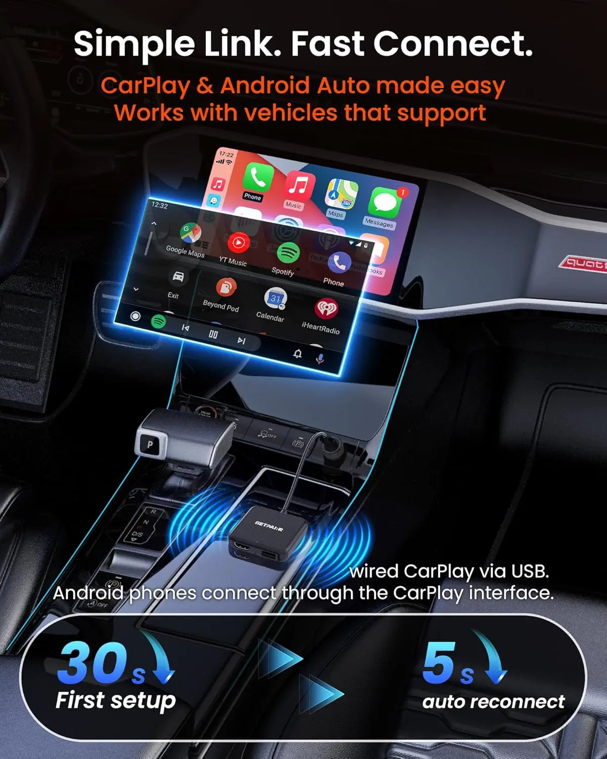 Adaptador CarPlay/Android Auto e HDMI sem fio 4 em 1 para iPhone/Android, espelhamento de tela Fire TV Stick