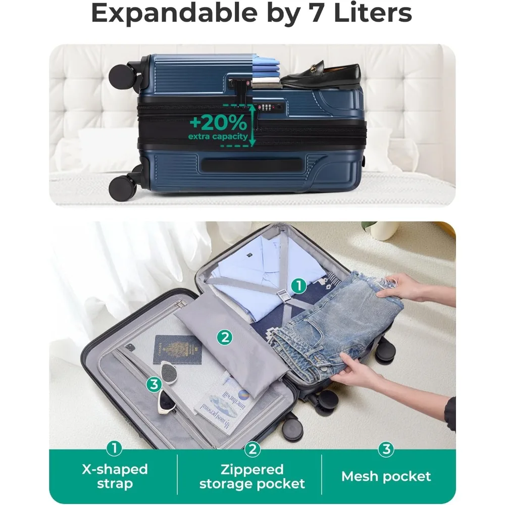 Lightweight 20 Inch Expandable Hardside Carry-On Luggage with Spinner Wheels, Airline Approved for Travel