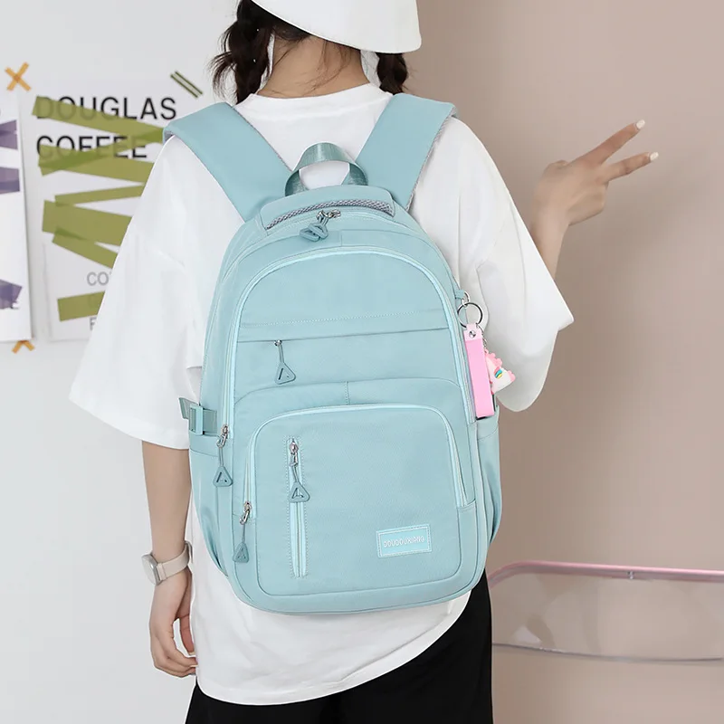 Solid Color School Bag Mesh Handle Backpack Curved Shoulder Strap High Capacity Traveling Zipper Outer Bag Layered Simplicity