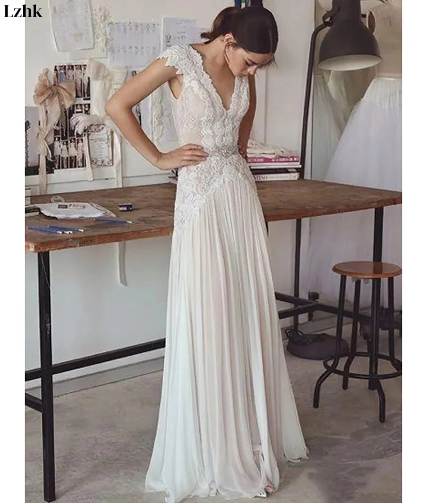 Temperamento personalizado chiffon a linha renda cristal vestido de noite de alta qualidade com decote em v sem mangas até o chão vestidos de festa