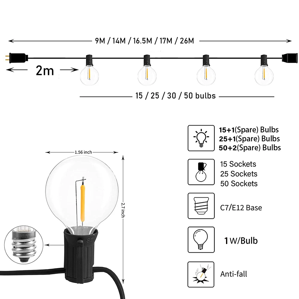 Festoon LED Globe String Fairy Lights G40 Outdoor Dimmable For Christmas Party Garden Decor Garland Lamps Street Patio Backyard