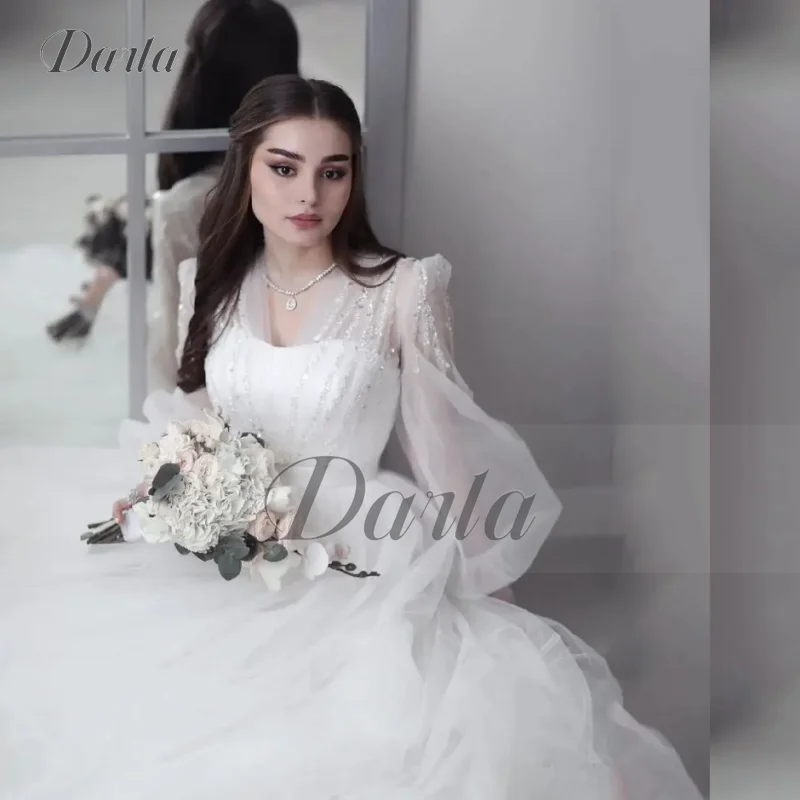 Elegante renda tule vestido de casamento 2025 sexy manga longa puff lantejoulas decote em v vestido de noiva plissado botão personalizado