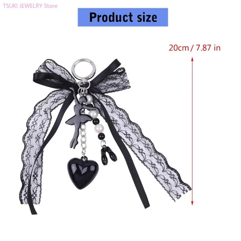62KE BALLET Girl Keyring Handbag Charm Lace Bows Keychain Bag Decorations Heart Car Chain for Woman and Girl