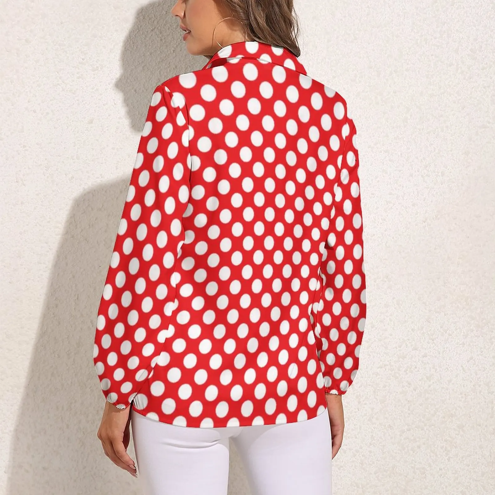 White And Red Polka Dot Blouse Vintage Spot Print Trendy Graphic Blouses Female Casual Shirt Summer Long-Sleeve Oversized Top