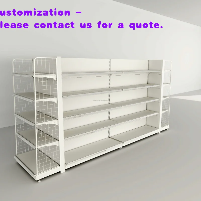 

Двусторонняя металлическая стойка для супермаркета - легкие металлические стеллажи для продуктовых магазинов и минимаркетов.