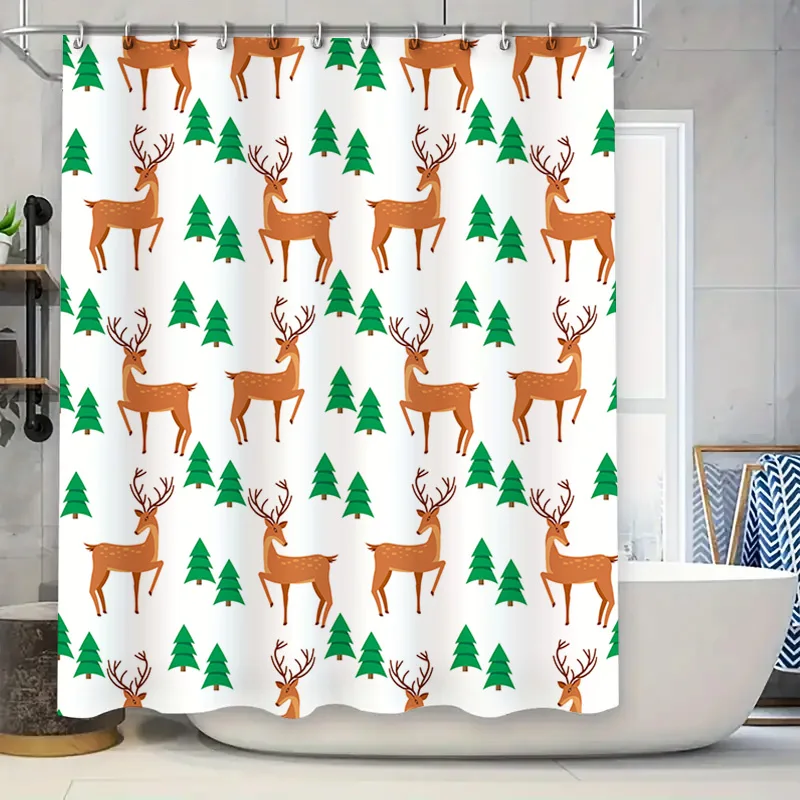 

Deer Pine Tree Printed Shower Curtain White Polyester Waterproof Washable Bathroom Decoration Set for Home Decor