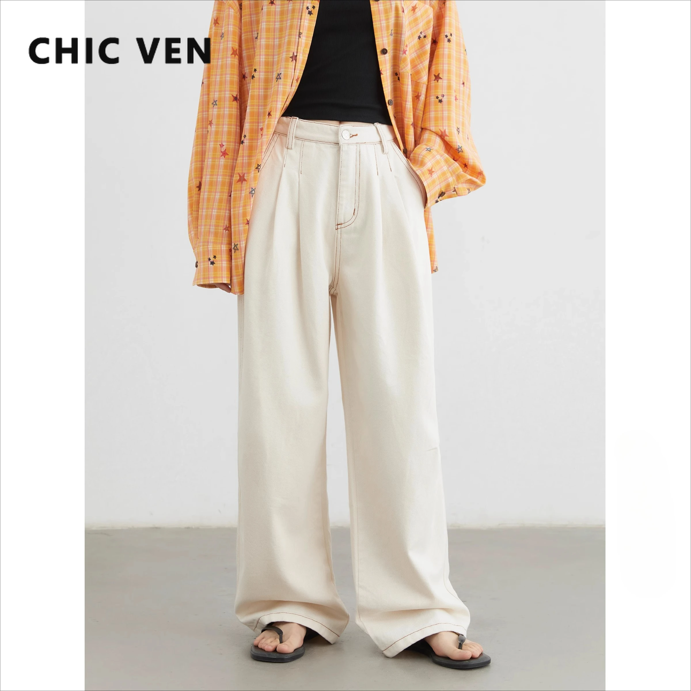 

CHIC VEN Women Jeans Loose Casual New High Waist Bright Thread Contrast Female Jeans White Wide Leg Pants Summer 2025