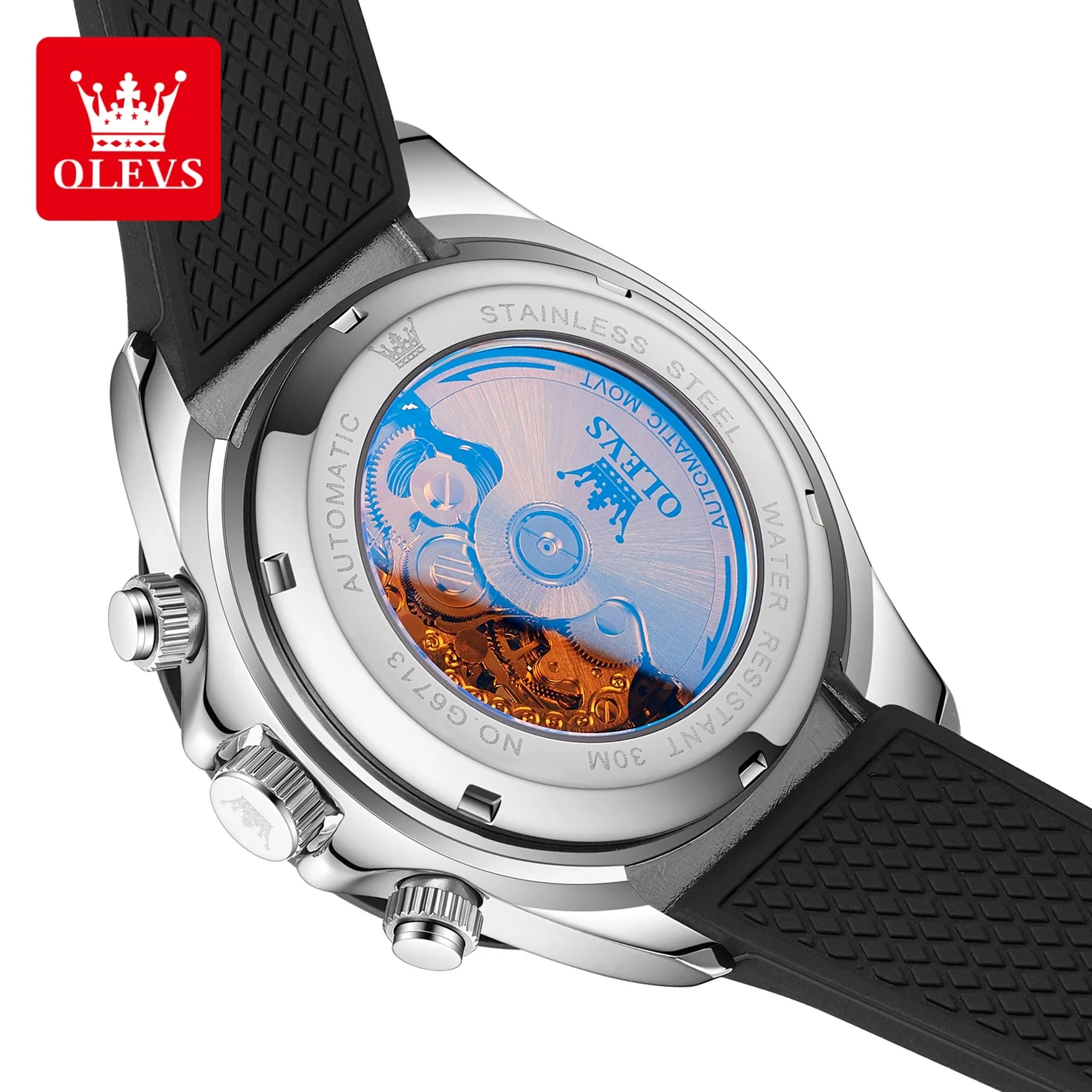 OLEVS 6713 ساعة رجالية مجوفة شفافة ثلاثية الأبعاد مخطط أوتوماتيكي ميكانيكي ساعات رجالية أصلية فاخرة مرحلة القمر ساعات للرجال #4