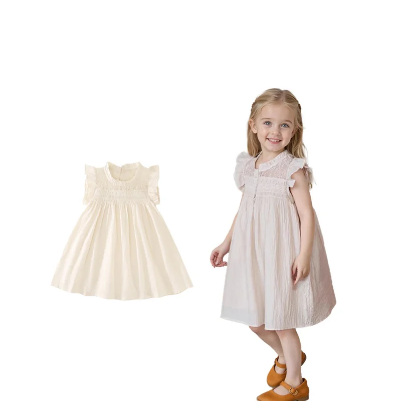 

Girls' DressinsWind2025Summer New Style Hollow Lace Heavy Craft Ruffled Collar Dress with Small Flutter Sleeves