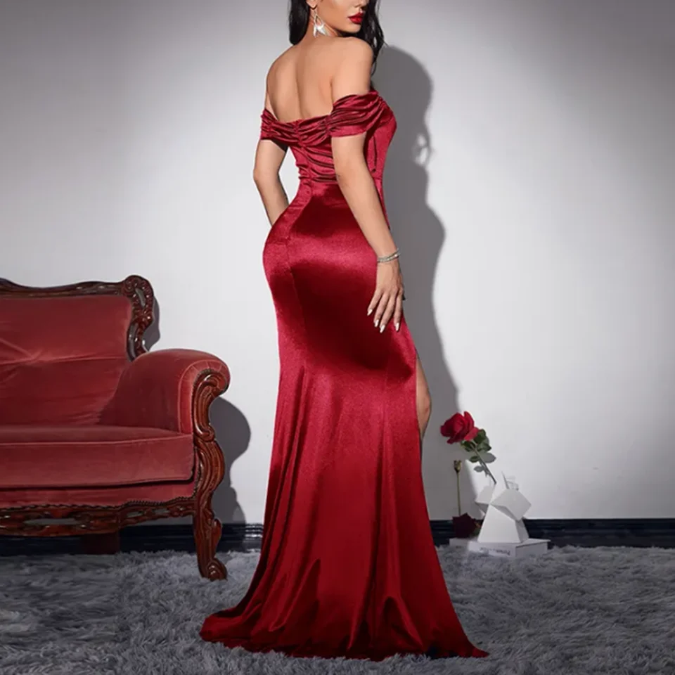 Straight Shoulder Fashion Women Clothing Ruched Off Thigh Slit Split Long Satin Party Dress High Slit Draw Rope