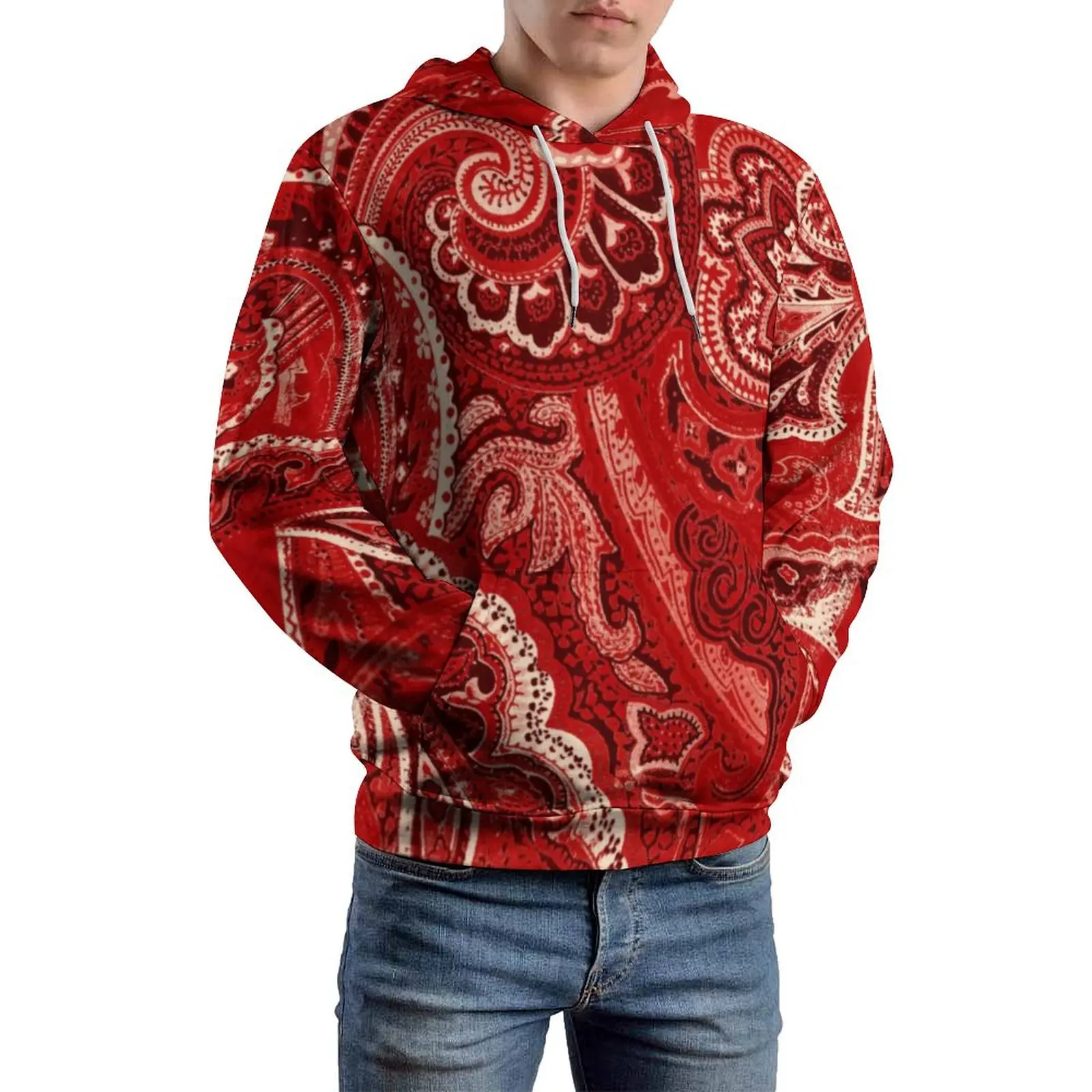 Red Paisley Print Casual Hoodies Abstract Floral Streetwear Hoodie Couple Long Sleeve Hip Hop Graphic Top Birthday Present