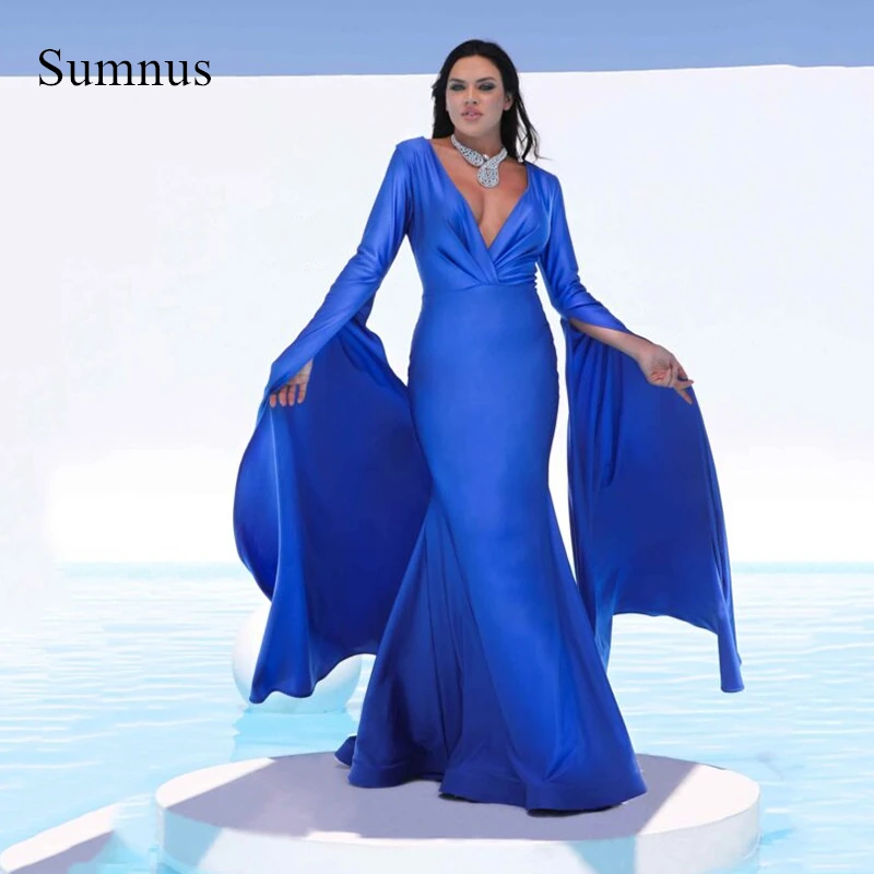 

Sumnus Dark Blue Mermaid Prom Dresses Deep V-Neck Pagoda Sleeves Evening Dress Formal Occasion Party Gowns Custom Size 2024