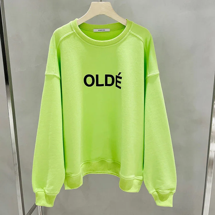 Korea Pure Cotton Women Sweatshirt 2023 New Spring Autumn Loose O-neck Pullover Hoodie Letter Fluorescent Green Casual Harajuku