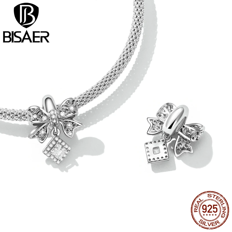 BISAER 925 Sterling Silver Pavé Setting Zircon Charm Bead Plated Platinum for Wedding Women DIY Bracelet Necklace Fine Jewelry