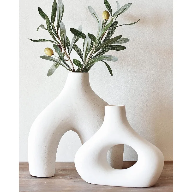 

Donut Vase, Set of 2 - Minimalist Nordic, White Ceramic Hollow Donut Vase Decor | Table Centerpiece, Olive Plant, Wedding