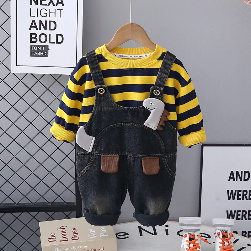 Toddler 2 Piece Outfit 2025 Spring Baby Boy Boutique Clothes 1-5T Korean Striped Dinosaur Pullovers and Denim Overalls Kids Set