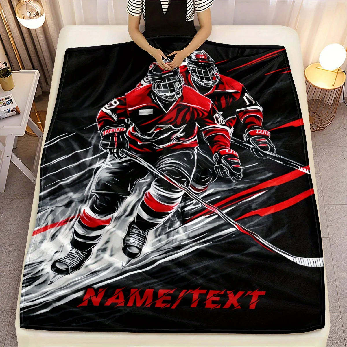 Custom Hockey Player Blanket Name Text Design Red Black Uniform Soft Fleece Throw Sports Fan Gift Home Decor