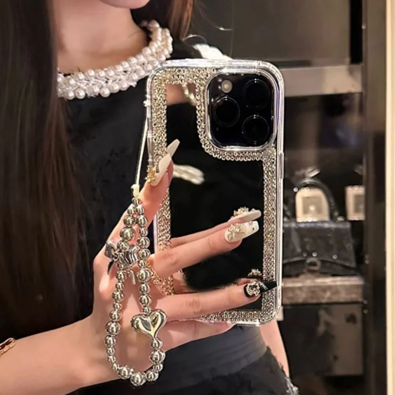 Luxury Glitter Diamond Make-Up Mirror Love Heart Chain Phone Case For iPhone 16 15 14 Plus 13 12 11 Pro Max Protect Back Cover