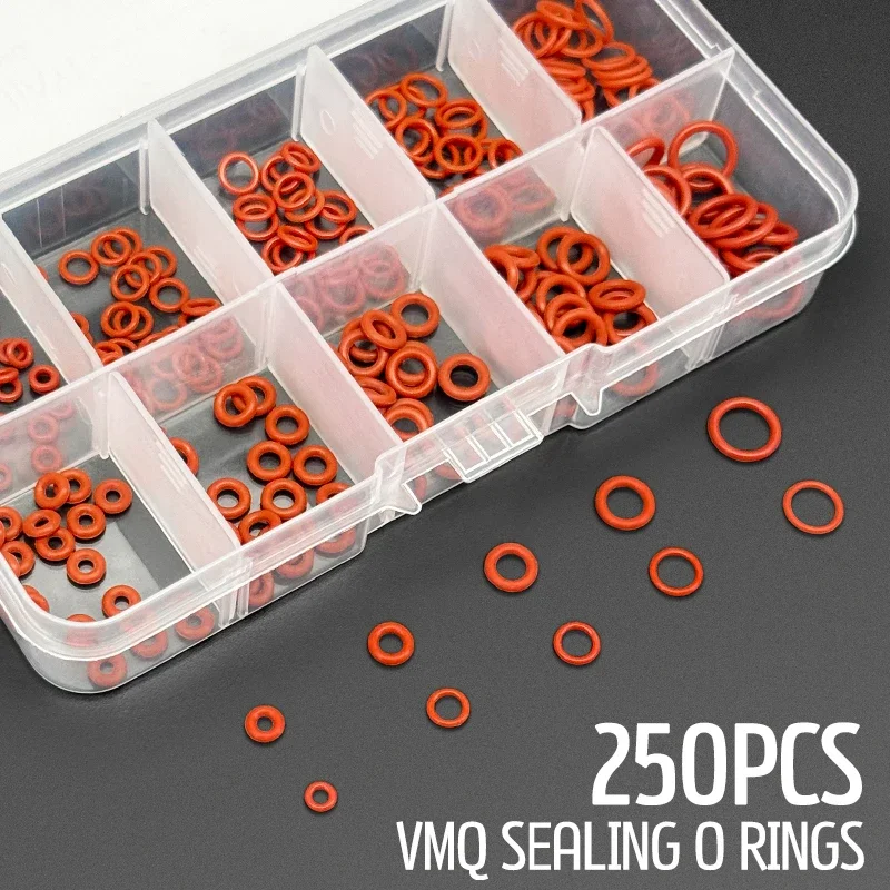 

250PCS Red VMQ Silicone O-Ring Kit CS1/1.5mm Oil Resistant Sealing Washers Boxed For Faucet Plumbing Household Repair