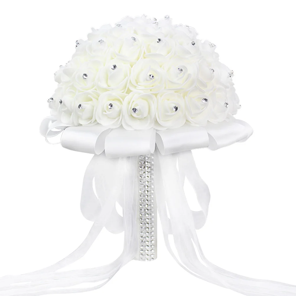 

Wedding Bouquet Bride Bridal Pearl Handheld Faux Floral Arrangements Fake White Rose Flowers Lifelike Plants Decor