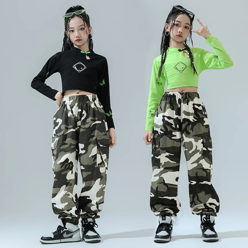Girls Jazz Dance Clothes Long Sleeves Navel Tops Camouflage Trousers Kids Street Dance Kpop Hiphop Performance Costume BL16945