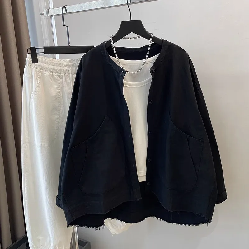 Lazy Style Loose Round Neck Short Jacket for Women in Spring Autumn Design Sense Hem Tassels on the Outside and Retro Work Top
