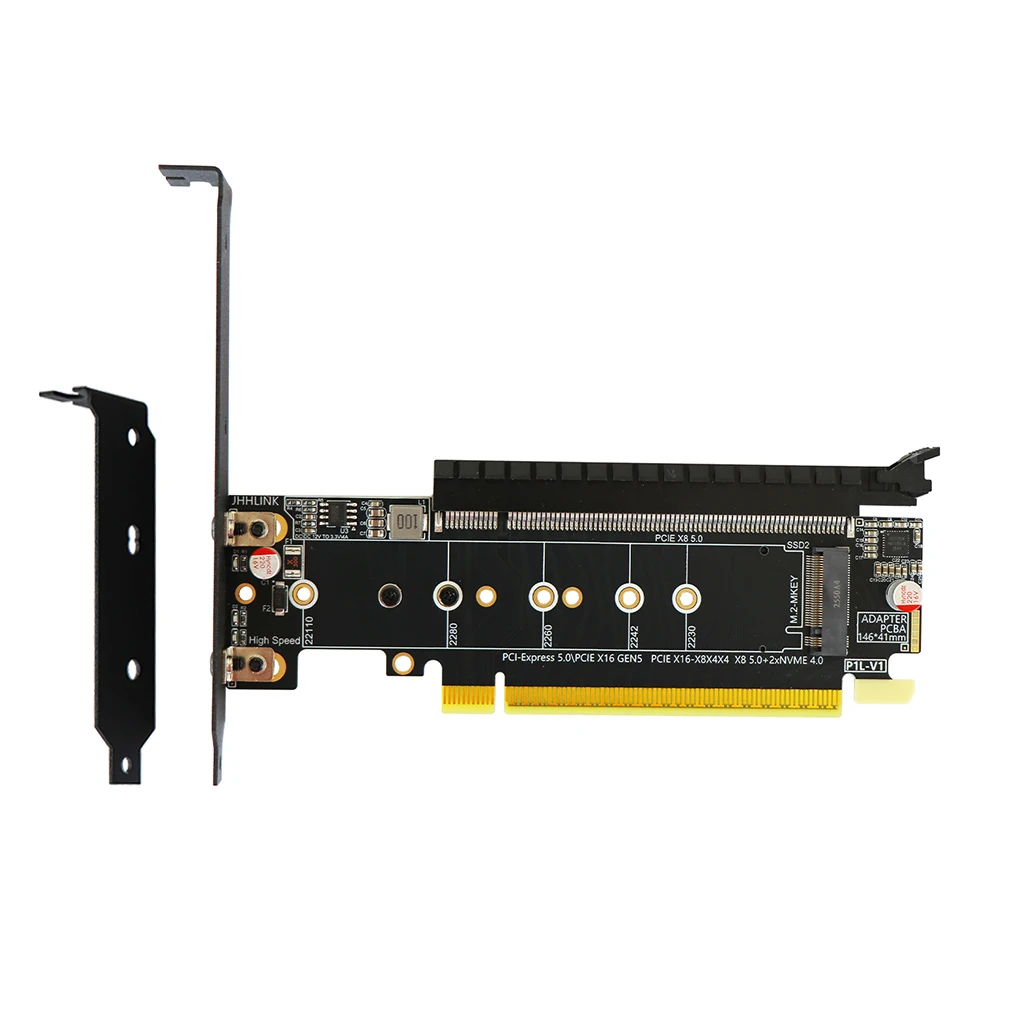 PCIe 5.0 X16 Bifurcation Splitter Card 1* PCIe X8 + 2* M.2 M Key 22100  SSD Adapter 6-Layer Gold PCB Dual Bracket Expansion Card