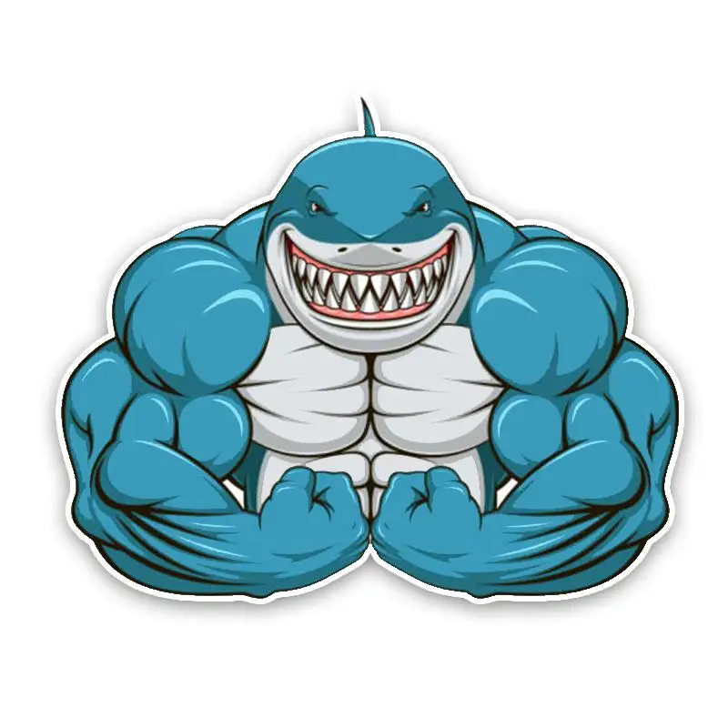 RuleMyLife 15*12.2CM Interesting Aggressive Shark Exercise The Muscle Cartoon Colored PVC High Quality Car Sticker Decoratio