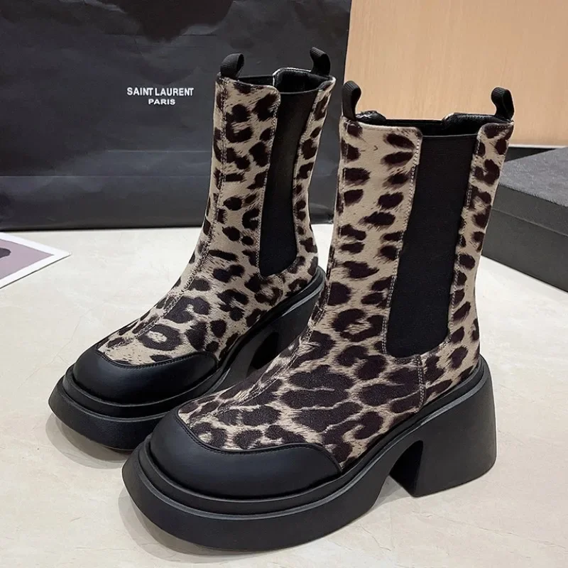 High Heels Chelsea Boots Women Winter Ankle Platform Leopard Goth Shoes 2024 New Brand Fad Gladiator Pumps Motorcycle Snow Boots