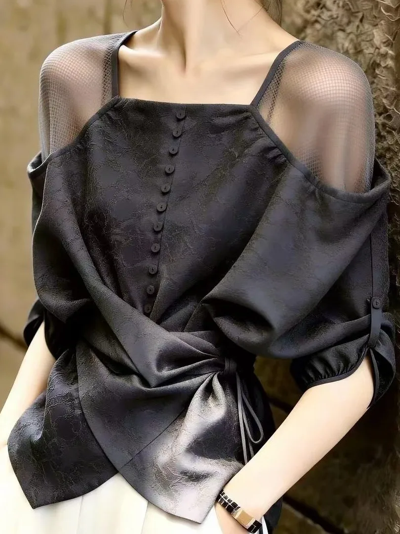 Grey Casual Elegant Long Sleeve Mesh Splice Top Slimming High-End Feel Daily Wear Commuting Age-Defying Fashionable T-Shirt