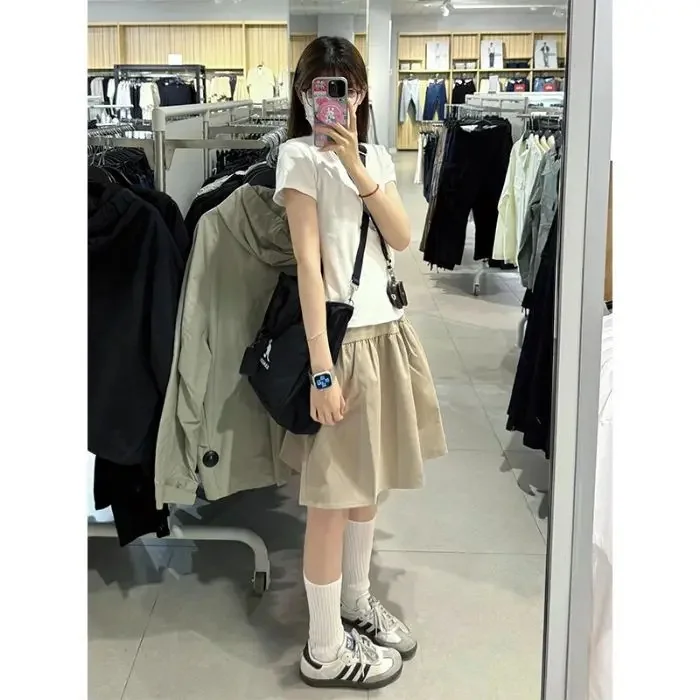 Khaki A-Line Mini Skirt Women's Summer New Korean Style College Wind Spring Autumn High Waist Japanese Style Umbrella Skirt