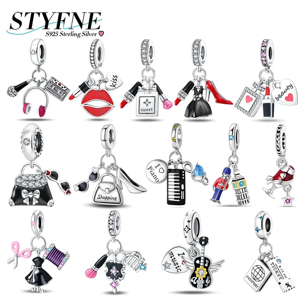 Exquisite Charms 925 Silver Plated Lipstick Dress High Heels Bag Beads Guitar Piano Violin Pendants Fit DIY Bracelet Jewelry