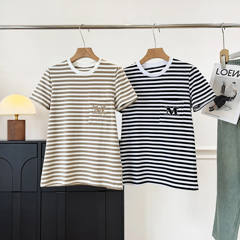 Women's round Neck Short Sleeve T-shirt Embroidered Letter Stripe Color Block Cotton Casual Loose Fit Summer Top