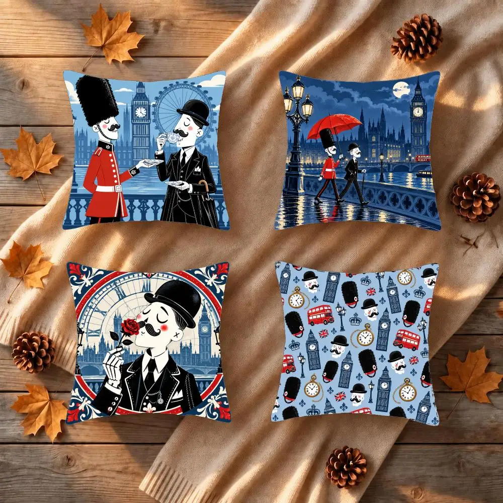 London Skeleton Wall Art Cushion Cover 1/4Pcs Soft Plush Throw Pillow Cover Double-Sided Print Sofa Living Room Decor