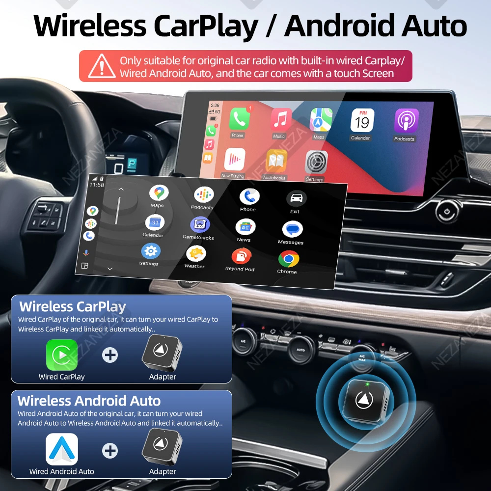 Adaptateur CarPlay 2 en 1 filaire vers sans fil CarPlay Android Auto BT Wifi Plug and Play OTA mise à niveau universelle ABS/alliage Dongle de voiture
