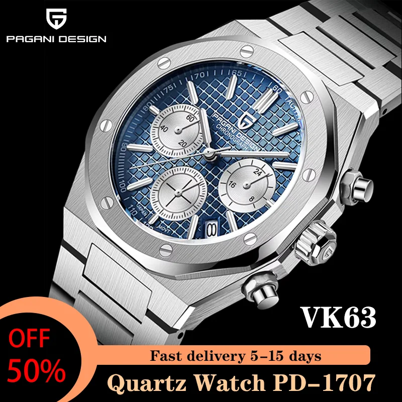 PAGANI DESIGN Luxury Sports Men's Quartz Watches PD1707 VK63 Stainless Steel Sapphire Waterproof Chronograph watches for men