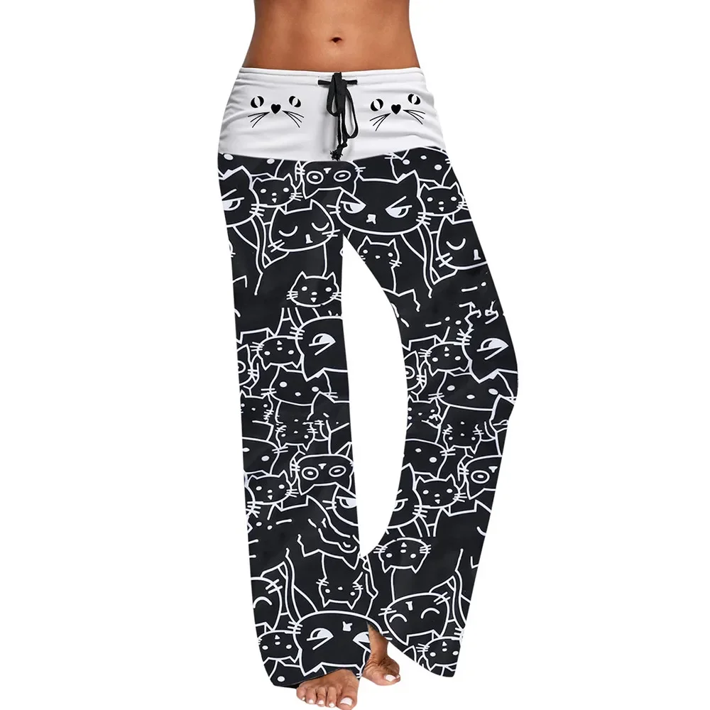 Pants Women Wide Leg Pants Women Casual New Fashion Cat Prints Drawstring Pants Leggings