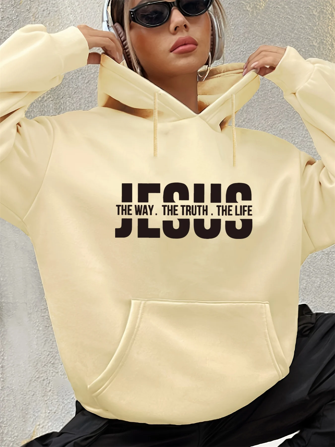 سترة نسائية للخريف والشتاء دافئة وفضفاضة كاجوال مطبوعة بحروف يسوع من جلد الغزال بأكمام طويلة وغطاء للرأس #3