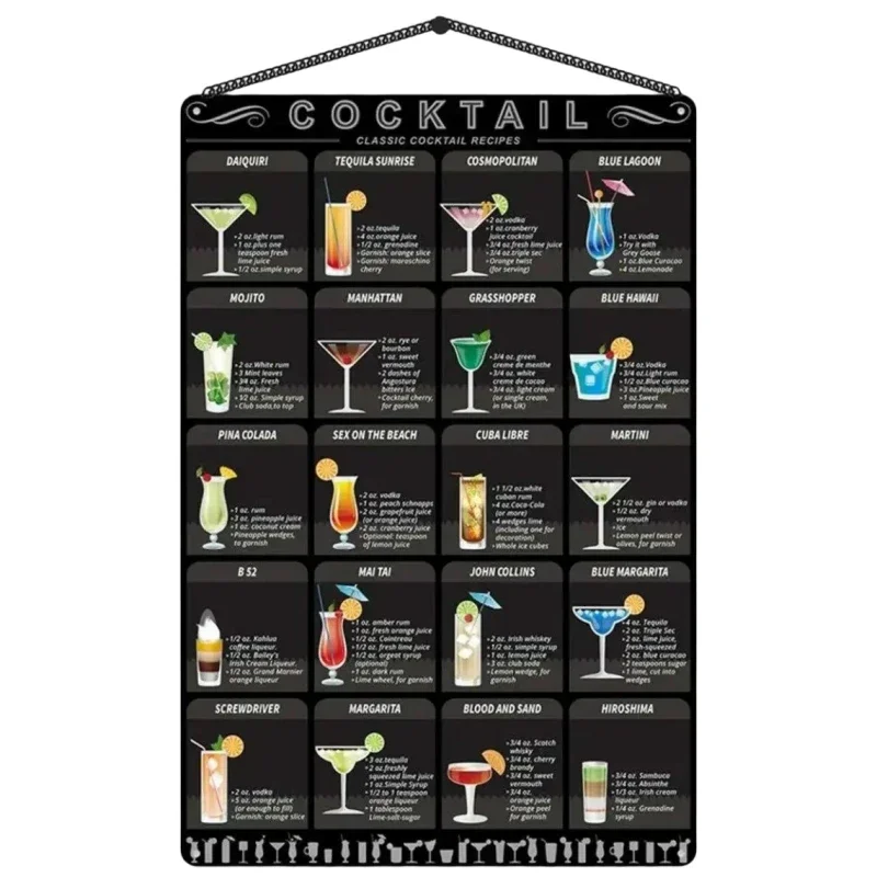 Cocktail Bar Signs Metal Menu Tin Sign Retro Mixology Recipe Lovers Guide Bar Pub Decor Drink Alcoholic Man Cave Wall Decor