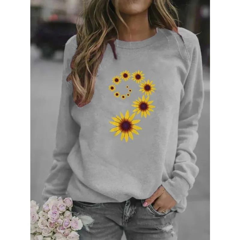 Women\'s Sunflower Print Crew-neck Hoodie Sweatshirts  Streetwear Women  Clothes  Sweatshirt  Aesthetic