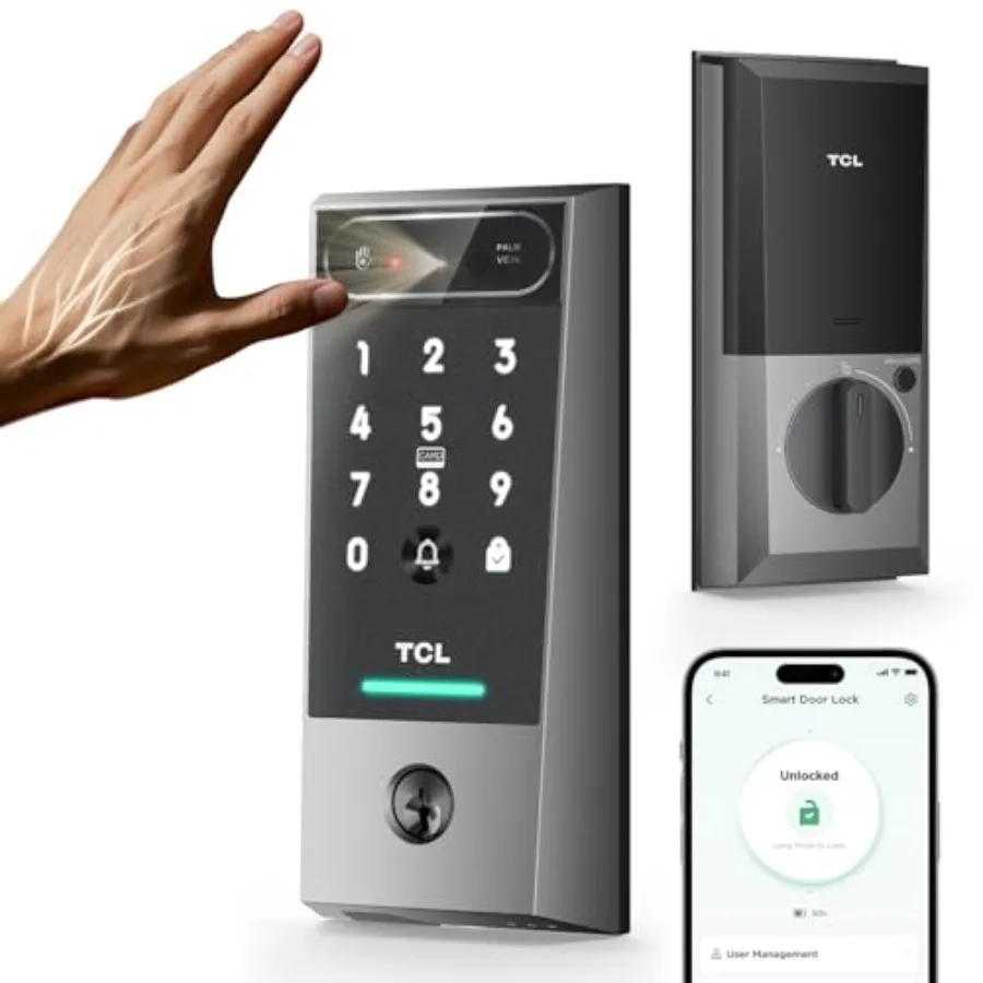 Front door smart lock with palm vein biometric entry, matte black metal finish, keyless Wi-Fi keypad access, built-in doorbell,