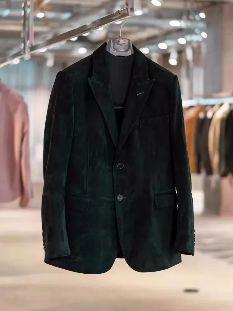 New Mens Genuine Leather Jacket Business Casual Single Breasted Vintage Elegant Office Italian Style Sheep Suede Blazers Coat